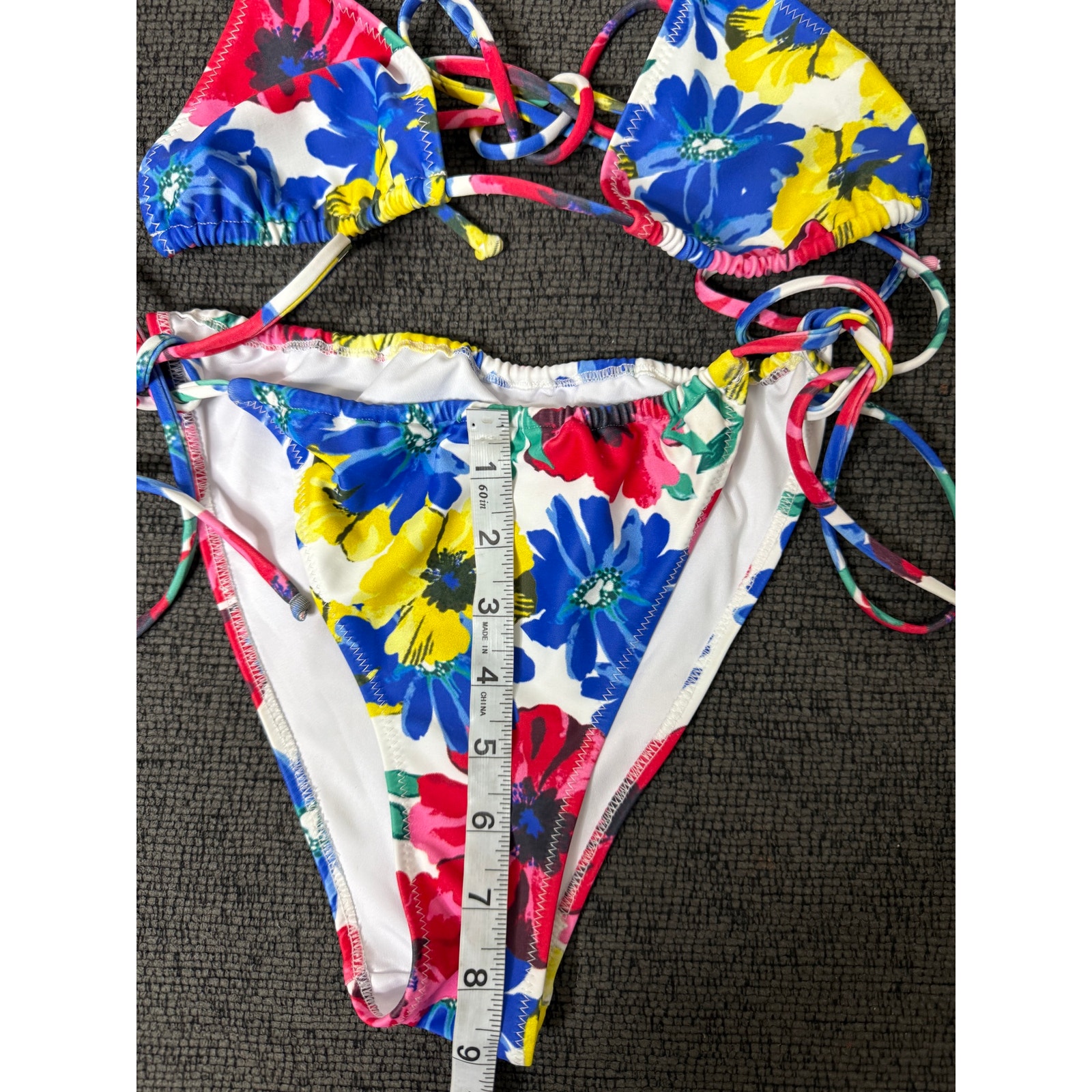 Loleia Floral Triangle String Bikini Set Tropical Resort Swim Top S Bottom L — image 7 of 8